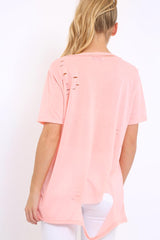 Pink Applique Slashed Over Sized T-Shirt - Louella-Tops