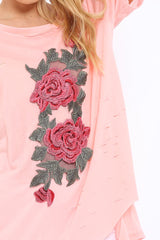 Pink Applique Slashed Over Sized T-Shirt - Louella-Tops