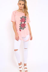 Pink Applique Slashed Over Sized T-Shirt - Louella-Tops