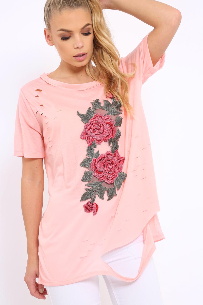 Pink Applique Slashed Over Sized T-Shirt - Louella-Tops