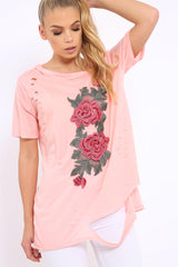 Pink Applique Slashed Over Sized T-Shirt - Louella-Tops