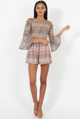 Pink Aztec Print Crochet Bardot Playsuit - Nelly-Playsuits