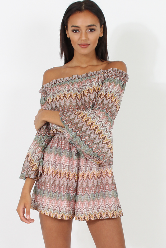 Pink Aztec Print Crochet Bardot Playsuit - Nelly