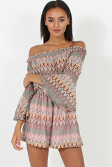 Pink Aztec Print Crochet Bardot Playsuit - Nelly-Playsuits