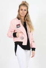 Pink Badge Detail Bomber Jacket - Suzy-Jackets