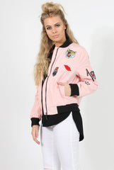Pink Badge Detail Bomber Jacket - Suzy-Jackets