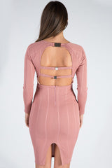 Pink Bandage Bodycon Buckle Detail Midi Dress - Ella-Dresses