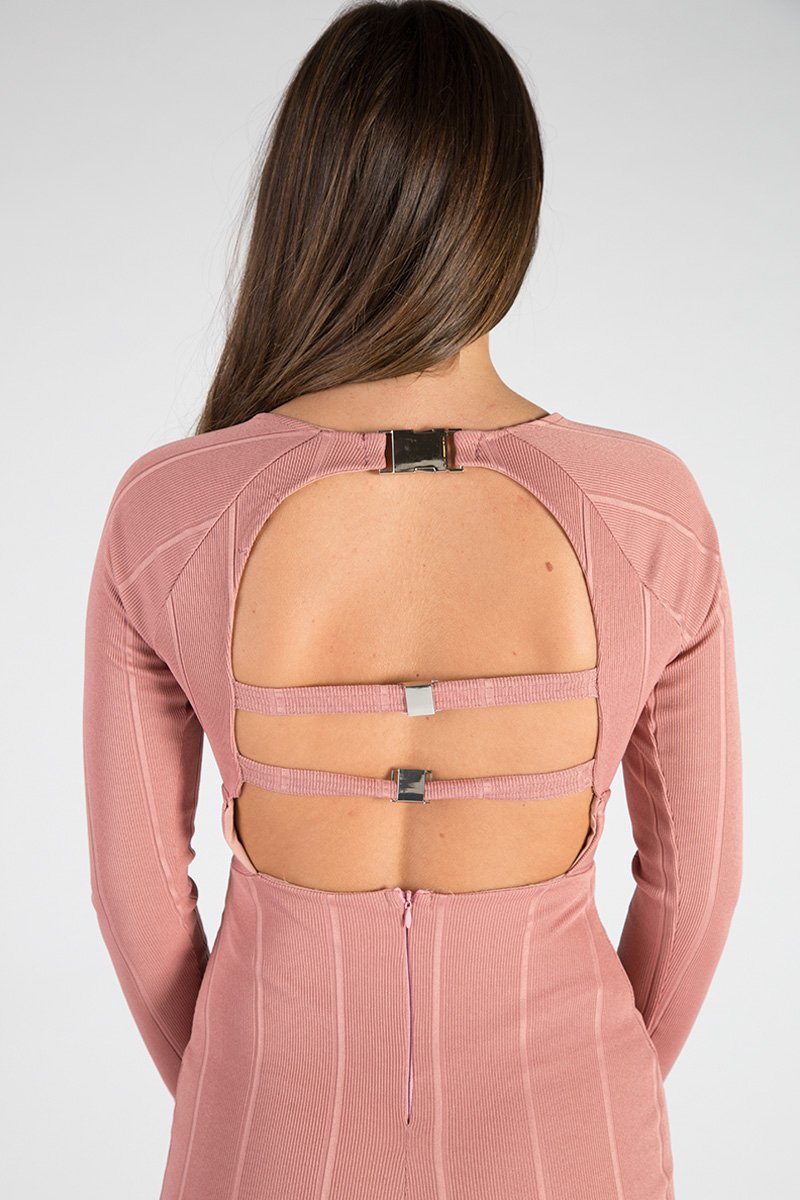 Pink Bandage Bodycon Buckle Detail Midi Dress - Ella Rebellious Fashion Pink Bandage Bodycon Buckle Detail Midi Dress - Ella Rebellious Fashion