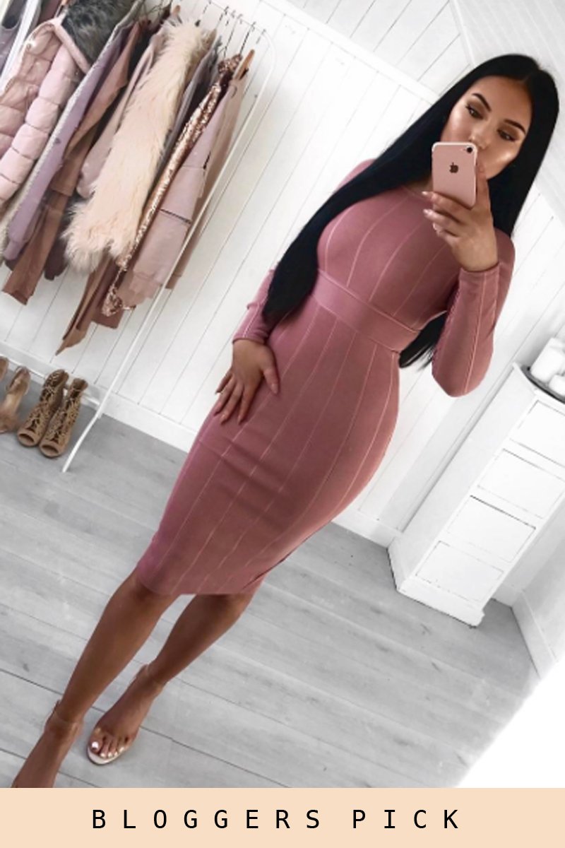 Pink Bandage Bodycon Buckle Detail Midi Dress - Ella-Dresses