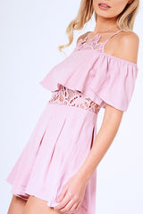 Pink Bardot Crochet Frill Playsuit - Jenner-Playsuits