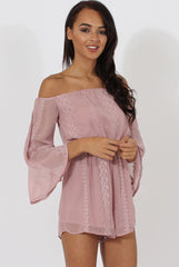 Pink Bardot Floral Embroidered Playsuit - Olita-Playsuits