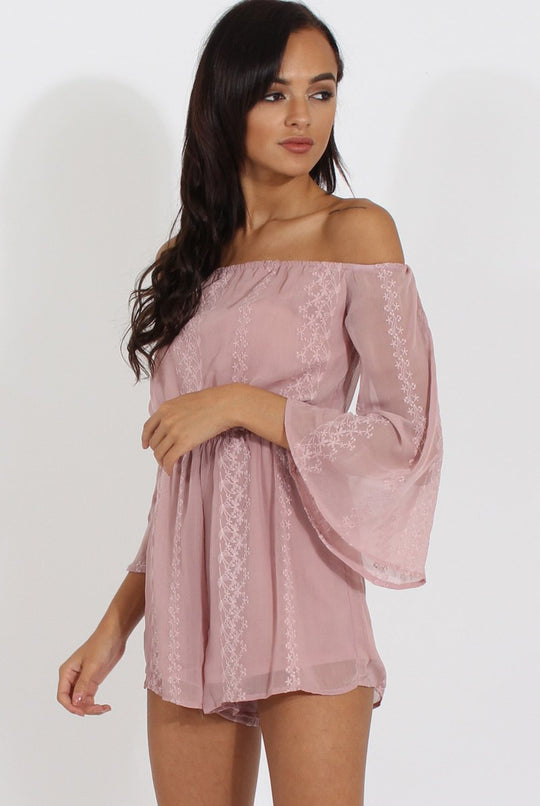 Pink Bardot Floral Embroidered Playsuit - Olita