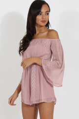 Pink Bardot Floral Embroidered Playsuit - Olita-Playsuits