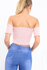 Pink Bardot Frill Shirred Crop Top - Kailah-Crop Tops