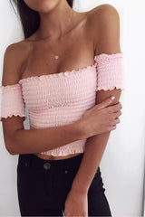 Pink Bardot Frill Shirred Crop Top - Kailah-Crop Tops