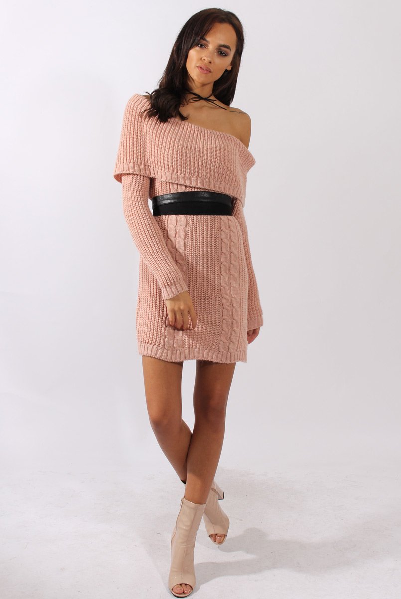 Pink Bardot Heavy Knit Jumper Dress - Suzy-Jumper