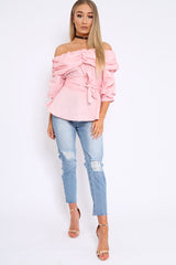 Pink Bardot Ruched Frill Top with Waist Tie Detailing - Sarina-Tops
