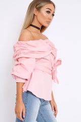 Pink Bardot Ruched Frill Top with Waist Tie Detailing - Sarina-Tops