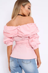 Pink Bardot Ruched Frill Top with Waist Tie Detailing - Sarina-Tops