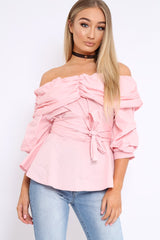 Pink Bardot Ruched Frill Top with Waist Tie Detailing - Sarina-Tops
