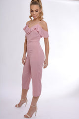 Pink Bardot Strap Frill Cropped Jumpsuit - Leni-Jumpsuits