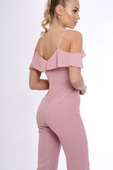 Pink Bardot Strap Frill Cropped Jumpsuit - Leni-Jumpsuits