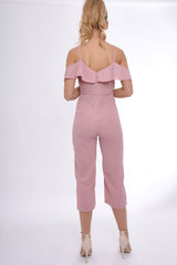 Pink Bardot Strap Frill Cropped Jumpsuit - Leni-Jumpsuits