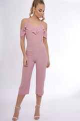 Pink Bardot Strap Frill Cropped Jumpsuit - Leni-Jumpsuits