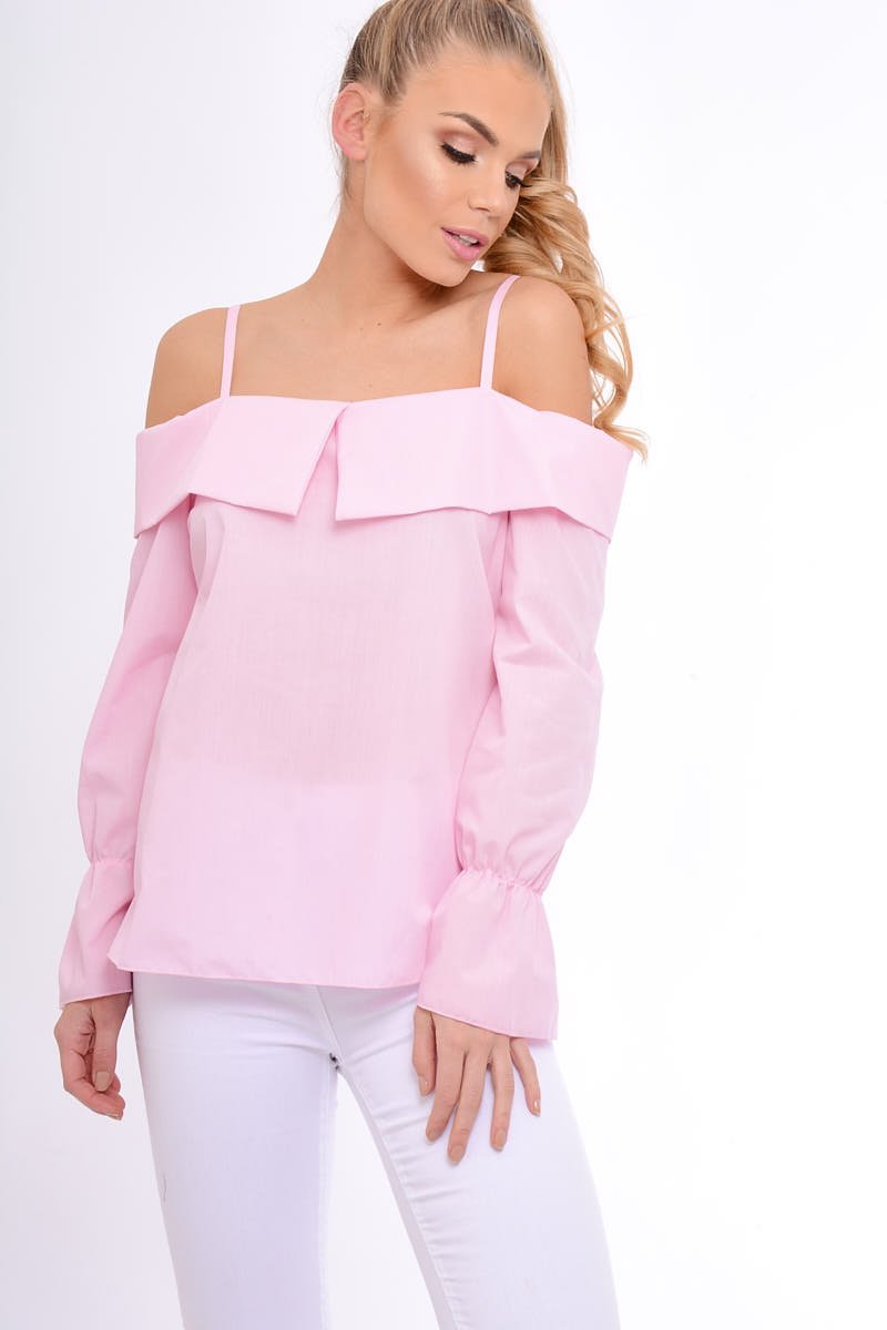 Pink Bardot Strappy Bell Sleeve Top - Kandice-Tops