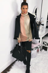 Pink Beige Colour Block Roll Neck Jumper - Milie-Jumper