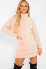 Pink Beige Colour Block Roll Neck Jumper - Milie-Jumper