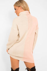 Pink Beige Colour Block Roll Neck Jumper - Milie-Jumper