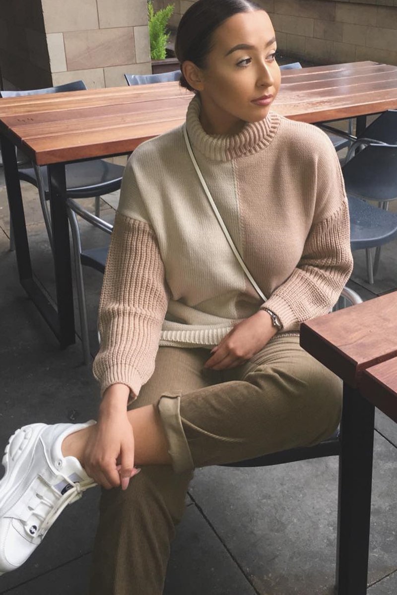 Pink Beige Colour Block Roll Neck Jumper - Milie-Jumper