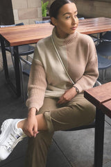 Pink Beige Colour Block Roll Neck Jumper - Milie-Jumper