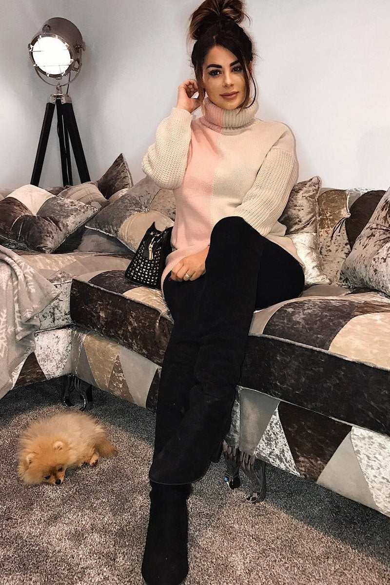Pink Beige Colour Block Roll Neck Jumper - Milie-Jumper