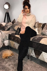 Pink Beige Colour Block Roll Neck Jumper - Milie-Jumper