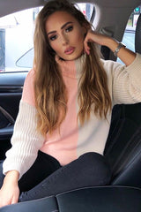 Pink Beige Colour Block Roll Neck Jumper - Milie-Jumper