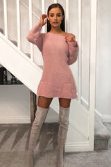 Pink Bell Sleeve Extreme Hem Chunky Knit Jumper Dress - Paige-Dresses