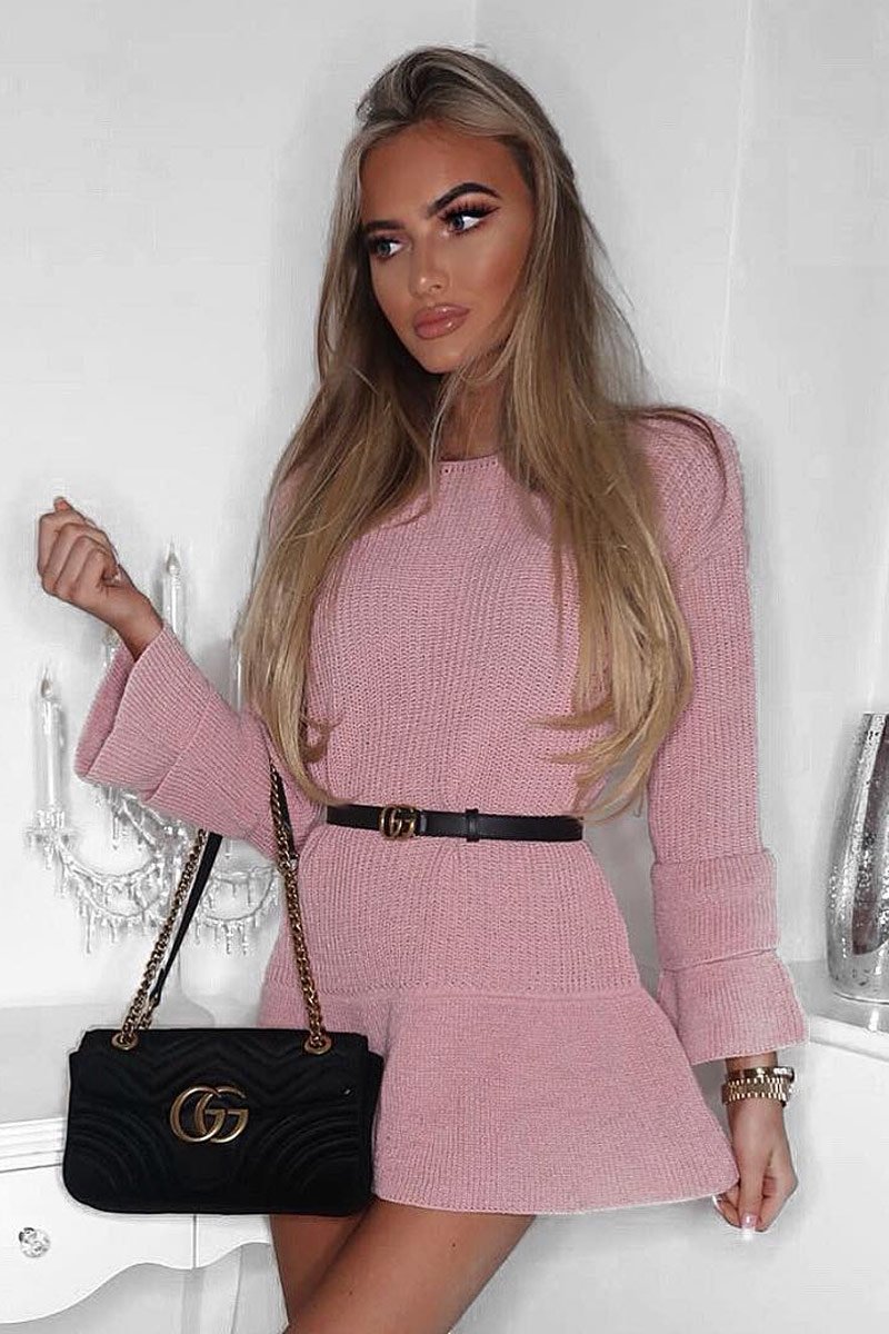 Pink Bell Sleeve Extreme Hem Chunky Knit Jumper Dress - Paige-Dresses