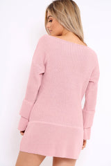 Pink Bell Sleeve Extreme Hem Chunky Knit Jumper Dress - Paige-Dresses