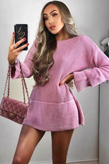 Pink Bell Sleeve Extreme Hem Chunky Knit Jumper Dress - Paige-Dresses