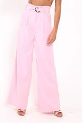 Pink Belted High Waist Wide Leg Trousers - Elianny-Trousers