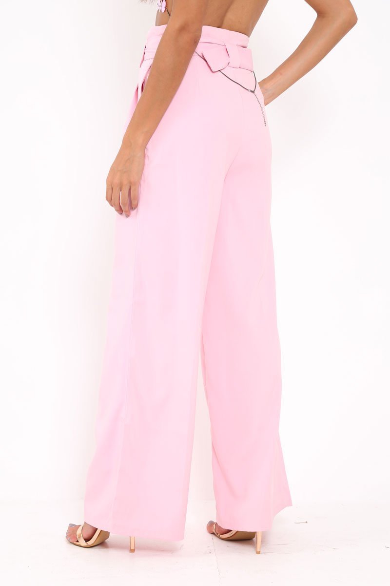 Pink Belted High Waist Wide Leg Trousers - Elianny-Trousers