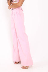 Pink Belted High Waist Wide Leg Trousers - Elianny-Trousers