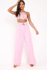 Pink Belted High Waist Wide Leg Trousers - Elianny-Trousers