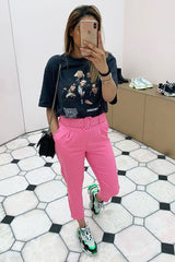 Pink Belted Tapered Peg Trousers - Jessika-Trousers