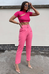 Pink Belted Tapered Peg Trousers - Jessika-Trousers