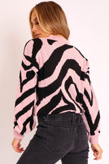 Pink Black Abstract Print Knit Jumper - Palyn-Jumper