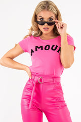 Pink Black Amour Textured Slogan Tee - Andelyn-T-shirt