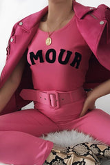 Pink Black Amour Textured Slogan Tee - Andelyn-T-shirt